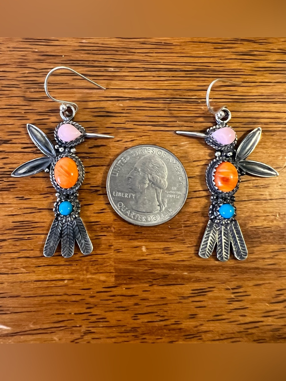 Sterling Silver Hummingbird Earrings Pink Conch Turquoise Spiny Oyster - Picture 8 of 9